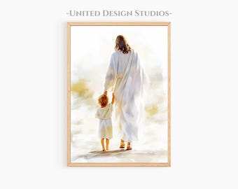 Jesus Walking With Child Printable Art, Neutral Christian Art, Jesus Painting, Christian Wall Art, Modern Christian Art Digital Download
