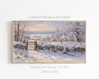 Winter Frame TV Art, Vintage Snowy Farmhouse Landscape, Neutral Winter Art, Digital Download