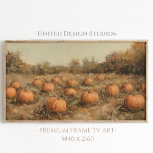 May include: A framed landscape painting shows a pumpkin field. The artwork features numerous orange pumpkins scattered across the ground, with trees and a soft, muted colour palette. The text "UNITED DESIGN STUDIOS" and "PREMIUM FRAME TV ART - 3840 x 2160" are visible.