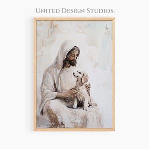Jesus With A Dog Printable Art, Modern Christian Art Jesus With a Puppy Art, Christian Artwork Jesus With Animals, Digital Download