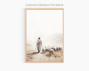 Jesus Walking with Sheep Printable Wall Art, Modern Christian Art, Inspirational Biblical Art, Religious Home Decor, Jesus Art