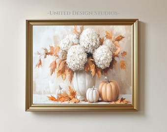 Fall Hydrangea and Pumpkin Painting, Neutral Autumn Floral Arrangement in Rustic Tones, Cozy Harvest Still Life, Printable Wall Art