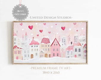 Valentines Day Frame Tv Art, Pink Valentine Village TV Art, Valentines Day Painting, Romantic Valentine Town TV Art, Digital Download