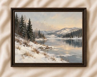 Vintage Winter Lake Print, Neutral Snowy River Wall Art, Digital Download