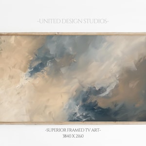 May include: Abstract painting in shades of beige, brown, and blue. The painting is framed in a light wood frame. The text "SUPERIOR FRAMED TV ART - 3840 X 2160" is printed below the frame.