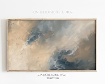 Neutraler abstrakter Rahmen TV-Kunst, Beige und Blaue Pinselstrich-Malerei, weiche Erdton-moderne Wandkunst für Wohnzimmer, digitales Fernsehgerät