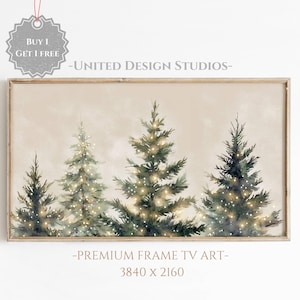May include: A painting of three green Christmas trees with white lights on a beige background. The trees are in a row and the lights are twinkling. The painting is in a wooden frame.  "BUY 1 GET 1 FREE" and "UNITED DESIGN STUDIOS" are printed at the top of the image.  "PREMIUM FRAME TV ART" and "3840 x 2160" are printed at the bottom of the image.