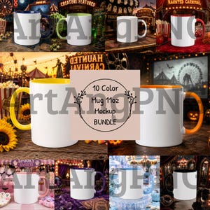 Puede incluir: Una colección de diez tazas de cerámica con exterior blanco e interiores y asas de varios colores, incluyendo amarillo, naranja, azul, verde, rojo, rosa y negro, con una etiqueta central que dice 10 Color Mug 11oz Mockup BUNDLE.