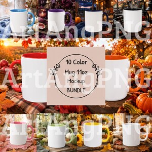 Puede incluir: Un paquete de maquetas digitales que presenta 10 tazas de cerámica con exteriores blancos y varios interiores y asas de colores, incluyendo rojo, naranja, amarillo, verde, azul y morado. El texto central dice 10 Color Mug 11oz Mockup BUNDLE.