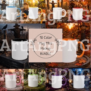 Puede incluir: Una colección de diez tazas de cerámica con exteriores blancos e interiores y asas de varios colores, incluyendo azul, amarillo, blanco, rojo, negro, naranja, rosa, verde, morado y azul oscuro, con el texto 10 Color Mug 11oz Mockup BUNDLE.