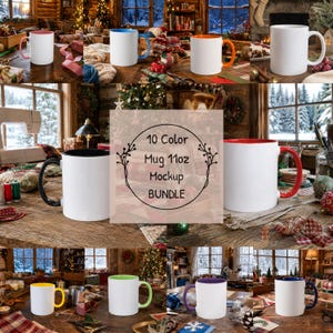 Puede incluir: Una colección de once tazas de cerámica, cada una con un exterior blanco y un interior y asa de color distintivo, incluyendo negro, rojo, azul, naranja, amarillo, verde, morado y azul oscuro, con el texto 10 Color Mug 11oz Mockup BUNDLE.
