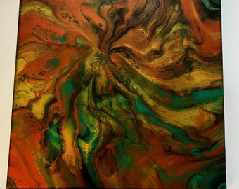 Rays of Bronze | Acrylic Pour Painting on Canvas | 12x12"