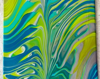 Metallic Blue, Green and Silver | Original Acrylic Pour Painting | 12x16"