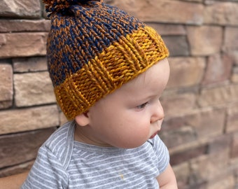 Handmade knit baby beanie with pompom