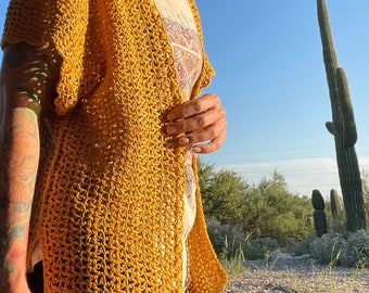 Golden cardigan kimono style sweater top full of bohemian chic vibes, handmade crocheted with love and healing energy