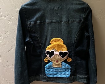 Cinderella inspired girly girl handmade crochet patch on upcycled Guess jeans jacket