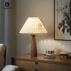 Small Handmade Wooden Lamp,Solid wood table lamp,pleated desk lamp,for Shelf orEntryTable with Linen Shade and,Modern Accent Lighting Effect