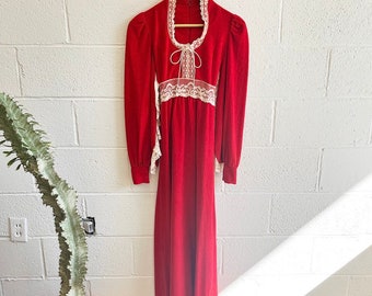 Red Velour Gunne Sax Style Dress 70s X Small Vintage