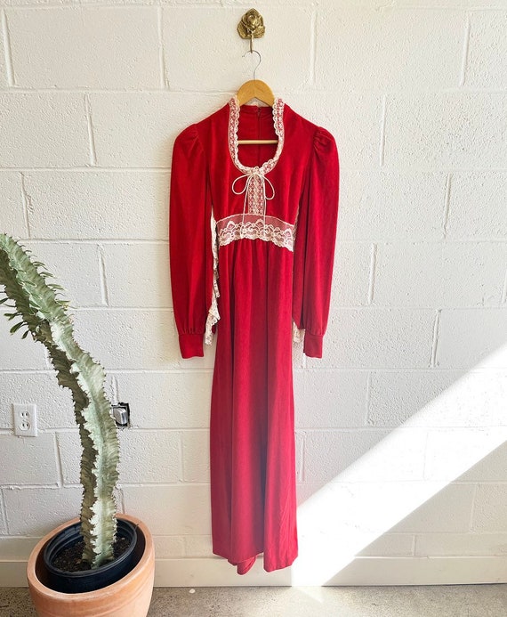 Red Velour Gunne Sax Style Dress 70s X Small Vinta