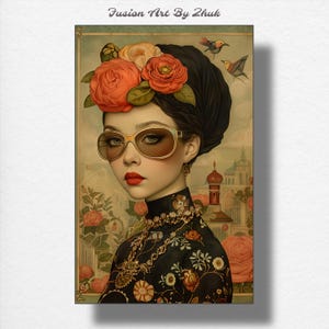 Elegancia atemporal en flor, impresión artística atemporal, retrato de mujer de moda, arte digital de belleza clásica, arte moderno vintage, ilustración de moda