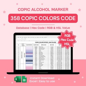 Copic Color Code Chart 358 Colors | Excel Database RGB HSL HEX | Color System