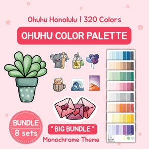 Könnte beinhalten: Eine rosa Grafik mit dem Text "Ohuhu Honolulu | 320 Farben" und "OHUHU COLOR PALETTE". Sie enthält Illustrationen einer Topfpflanze, eines Koalas, eines Getränks, Herzen und Farbpaletten. Der Text "BUNDLE 8 sets" und "BIG BUNDLE Monochrome Theme" sind ebenfalls vorhanden.