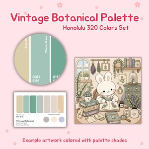 May include: A vintage botanical palette with the text "Vintage Botanical Palette Honolulu 320 Colors Set." The image includes a color palette, a color wheel, and an illustration of a bunny in a botanical setting.