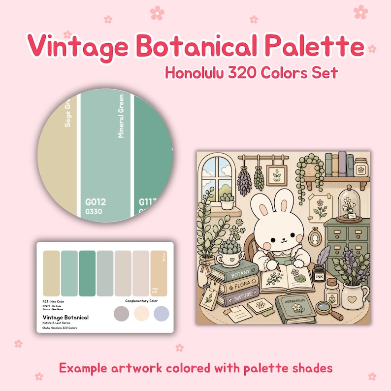 May include: A vintage botanical palette with the text "Vintage Botanical Palette Honolulu 320 Colors Set." The image includes a color palette, a color wheel, and an illustration of a bunny in a botanical setting.