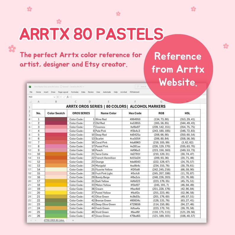Arrtx Alcohol Marker Color Code Chart | Oros Series | BIG BUNDLE (excel ...