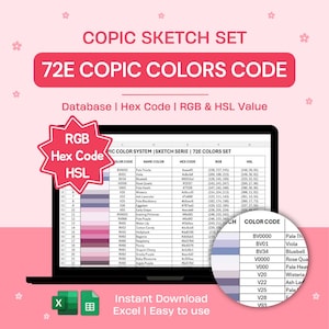 Tabla de códigos de color Copic 72E Colores / Conjunto de bocetos / Base de datos de Excel Valor HEX RGB HSL