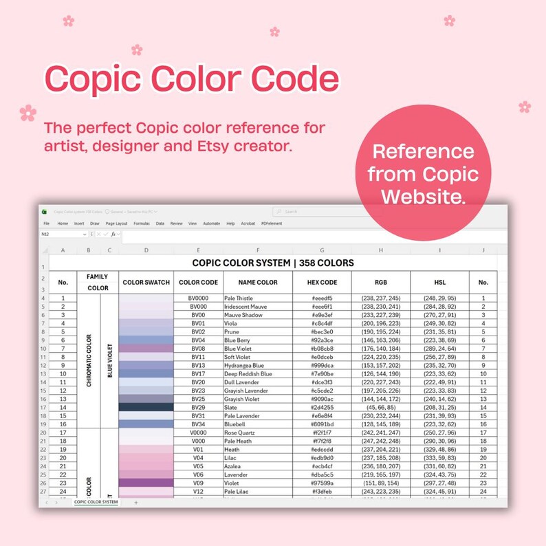 W1 Copic Code Copic Color Code Chart 358 Colors | Excel Database RGB HSL HEX | Color ...
