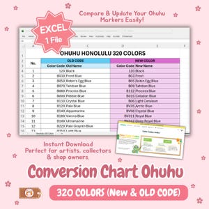 May include: A digital conversion chart for Ohuhu markers, displaying 320 colors with old and new codes. The chart is presented in an Excel file format, with color names and codes listed in columns. Text includes "Conversion Chart Ohuhu" and "320 Colors".