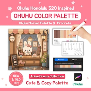 May include: A digital color palette set titled Ohuhu Honolulu 320 Inspired OHUHU COLOR PALETTE featuring an illustration of a rabbit in a cafe, color swatch cards with brown and beige tones, and a digital interface for Procreate software.