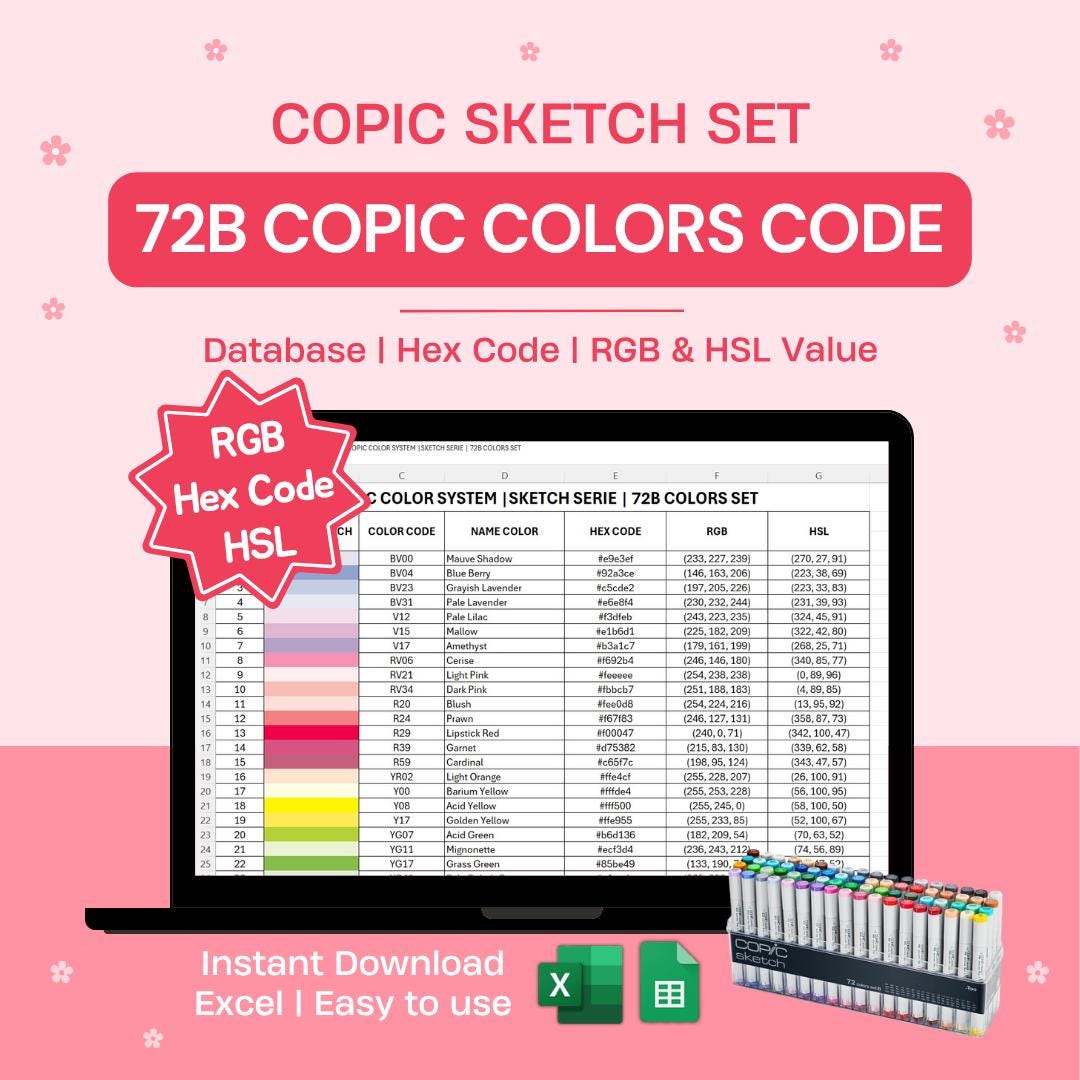 Epic Color Combination Code Copic Color Code Chart 72B Colors | Sketch Set | Excel Database HEX RGB ...