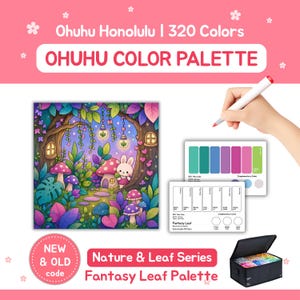 Könnte beinhalten: Ein Ohuhu-Farben-Set mit dem Text "Ohuhu Color Palette" und "Fantasy Leaf Palette". Das Bild zeigt eine Zeichnung einer skurrilen Waldszene mit einem Hasen, Pilzen und einer Farbkarte. Ein schwarzer Tragekoffer mit Markern ist ebenfalls abgebildet.