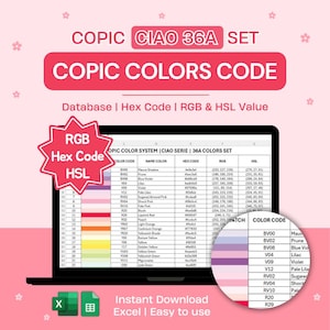 Copic Color Code Chart 36A Colors | Ciao Set | Excel Database HEX RGB HSL Value