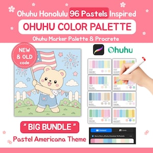 May include: Ohuhu Honolulu 96 Pastels Inspired Ohuhu Color Palette Big Bundle Pastel Americana Theme featuring a cartoon bear holding an American flag with fireworks, plus digital color swatch cards for markers and Procreate software.