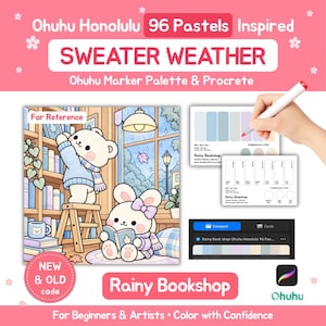 Puede incluir: Una hoja de referencia de arte digital titulada Sweater Weather Rainy Bookshop con un oso y un conejo de dibujos animados en una biblioteca. Incluye muestras de color Ohuhu Honolulu 96 Pastels, un marcador y una interfaz de Procreate.