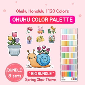 Op de afbeelding: Een roze afbeelding met de tekst "Ohuhu Color Palette" en "Big Bundle" met het "Spring Glow Theme". De afbeelding bevat kleurrijke stickers van bloemen, een slak, een konijn en kleurenpaletvoorbeelden.