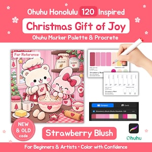 Puede incluir: Un conjunto de arte digital con una paleta de colores Strawberry Blush inspirada en Ohuhu Honolulu 120. Incluye una ilustración caprichosa de un oso y un conejo horneando, una tarjeta de muestras de color, una interfaz digital y el logotipo de Procreate.