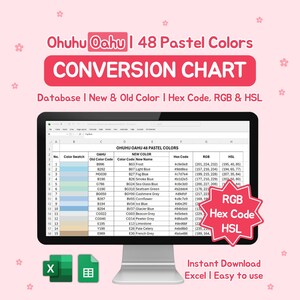 Pode incluir: Um monitor de computador exibe uma tabela de conversão de cores para Ohuhu Oahu 48 Cores Pastel. A tabela inclui amostras de cores, códigos de cores antigos e novos, códigos hexadecimais, valores RGB e HSL. A imagem também inclui o texto "Download instantâneo Excel | Fácil de usar."