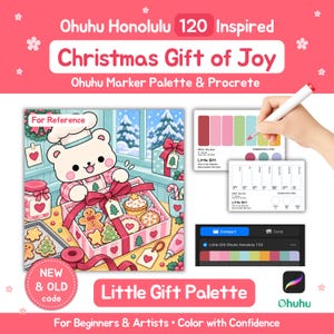 Könnte beinhalten: Ein digitales Kunst-Referenzblatt mit dem Titel Ohuhu Honolulu 120 Inspired Christmas Gift of Joy. Es zeigt einen Cartoon-Bären beim Plätzchenbacken, Farbpaletten-Karten mit Farbmustern, eine Hand mit einem Marker und eine Procreate-Oberfläche.