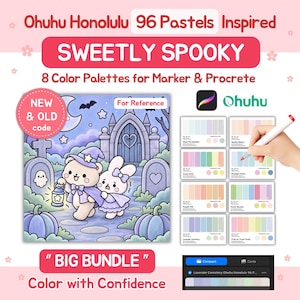 May include: A digital color palette bundle titled Ohuhu Honolulu 96 Pastels Inspired Sweetly Spooky. It includes an illustration of a bear and rabbit in a graveyard, eight color swatch cards for markers and Procreate, and a digital interface.