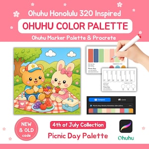 May include: A digital colour palette guide for Ohuhu Honolulu 320 markers featuring a picnic illustration with a bear and rabbit. Includes colour swatches, a Procreate icon, and text reading Ohuhu Honolulu 320 Inspired OHUHU COLOR PALETTE, Picnic Day, and 4th of July Collection.