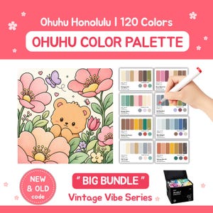 May include: A promotional image for Ohuhu Honolulu 120 Colors, featuring a color palette and a cartoon illustration of a bear among flowers. The image includes the text "OHUHU COLOR PALETTE" and "BIG BUNDLE" with a "Vintage Vibe Series" theme.