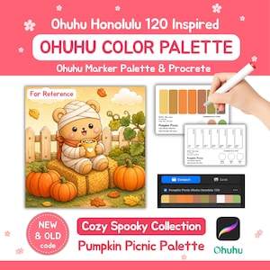 Könnte beinhalten: Ein digitaler Farbpaletten-Leitfaden für Ohuhu Honolulu 120 Marker mit dem Titel Pumpkin Picnic. Er zeigt einen Cartoon-Bären als Mumie mit einer Tasse, Kürbisse und einen Holzzaun. Enthält Farbmusterkarten, eine digitale Oberfläche und das Procreate-Logo.