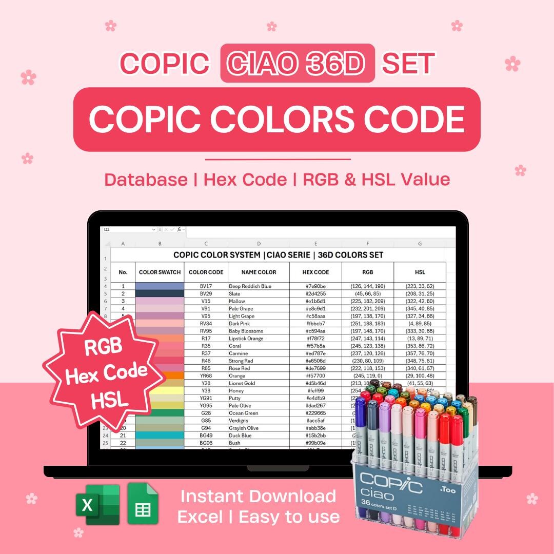 Epic Case Types Color Code Copic Color Code Chart 36D Colors | Ciao Set | Excel Database HEX RGB ...
