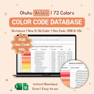 Könnte beinhalten: Digitale Farbcode-Datenbank für Ohuhu Akaka Acryl-Marker mit 72 Farben. Das Bild zeigt einen Laptop mit Farbcodes, Namen, Hex-Codes, RGB- und HSL-Werten sowie eine Farbmusterkarte. Der Text lautet "Sofort-Download Excel | Einfach zu bedienen."