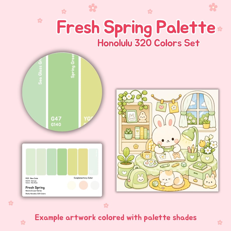 May include: A Fresh Spring Palette set with Honolulu 320 Colors. The image shows a color palette with shades of green, a cartoon illustration of a bunny, and the text "Fresh Spring Palette".