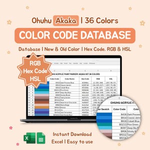 Può includere: Uno schermo di un laptop mostra un database di codici colore per pennarelli acrilici Ohuhu Akaka, con 36 colori. Il database include nomi dei colori, codici esadecimali, RGB e HSL, con un'icona di file Excel e il testo "Instant Download Excel | Easy to use."